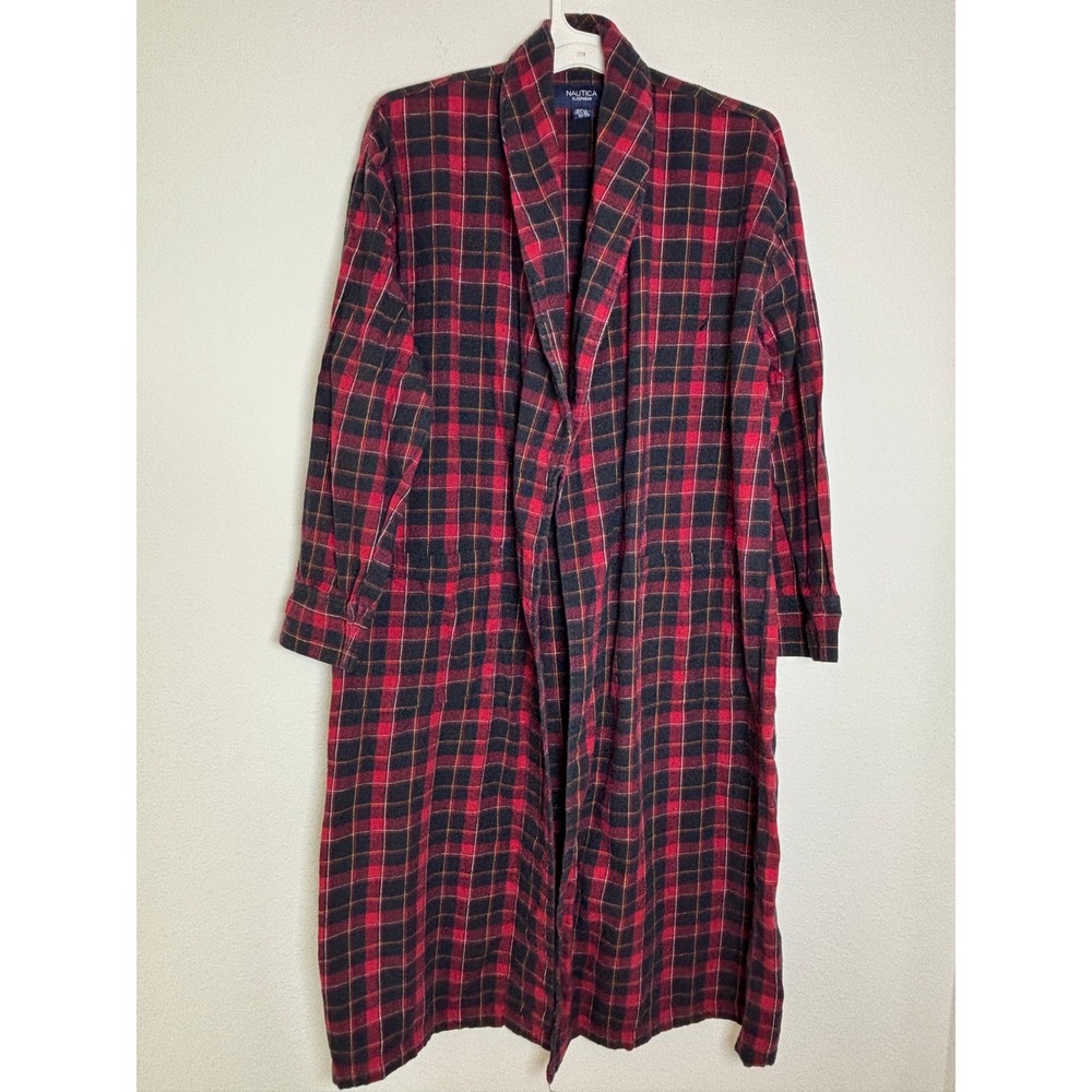 Nautica Mens Red Black Plaid Flannel Robe Cotton Sleepwear L/XL Long Sleeve‎